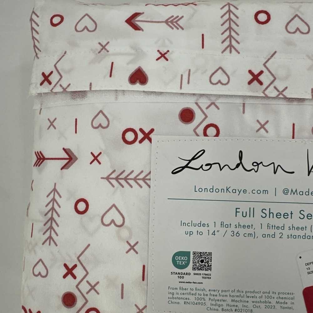 London Kaye Heart Sheet Set Full White Red Hearts Arrows X O Hugs Kisses - Picture 4 of 5